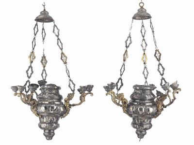 Coppia di Lampadari Pensili in Argento e Bronzo