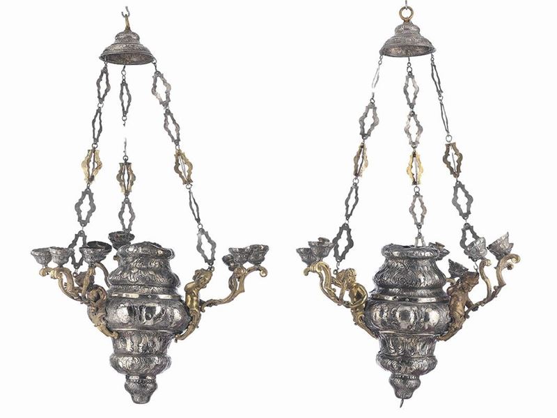 Coppia di Lampadari Pensili in Argento e Bronzo