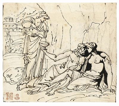 «gli Amori di Giove», Recto, e «figura di Vecchio Seduto», Verso, e «matrona Romana con Fanciullo...
