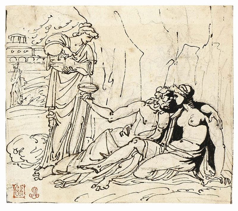 Felice Giani e Felice Giani (cerchia Di) - «gli Amori di Giove», Recto, e «figura di Vecchio Sedu...