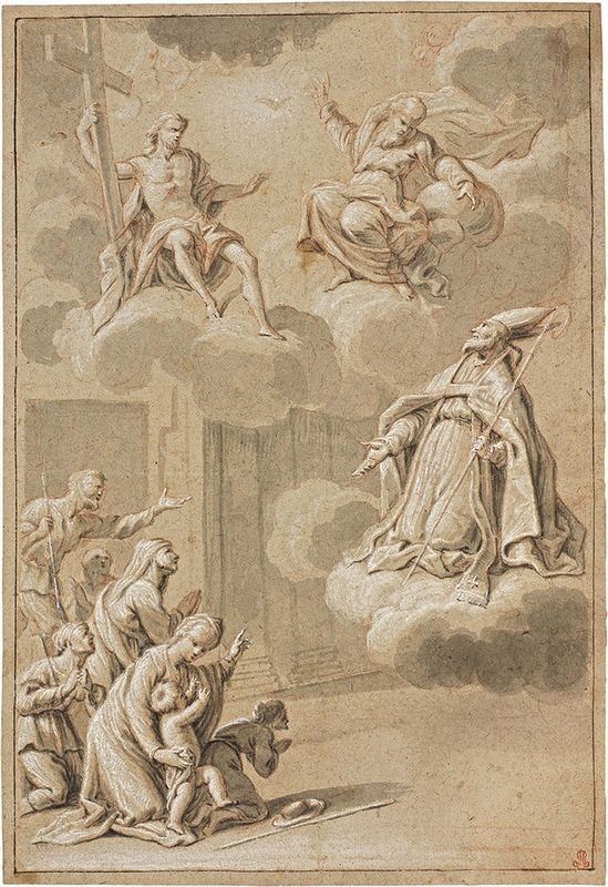 Maestro lombardo del XVIII secolo - Visione della Santissima Trinità di Sant'Ambrogio Vescovo in estasi che intercede per i bisognosi