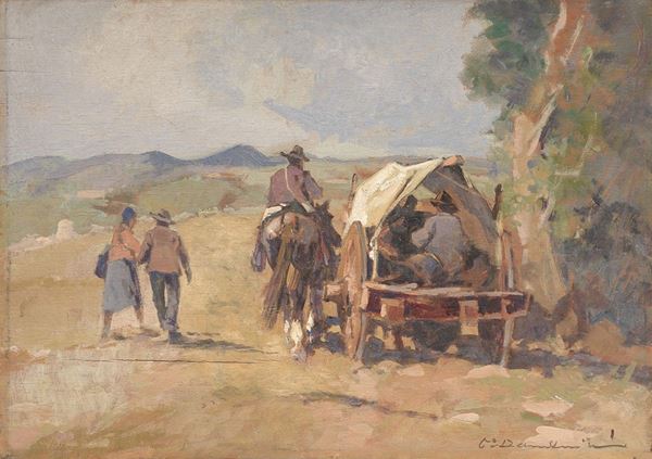 Carlo Domenici - Buttero a cavallo e carro nel paesaggio