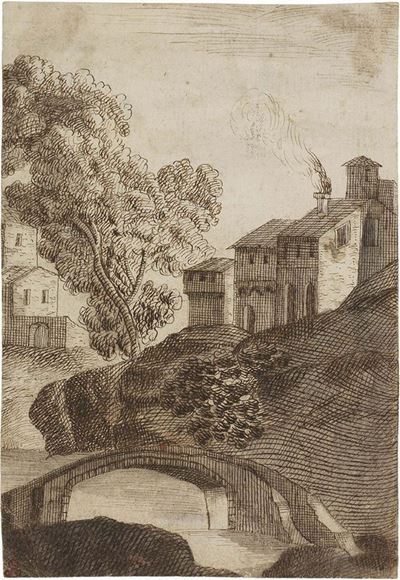 Paesaggio con Case, Albero e Ponte