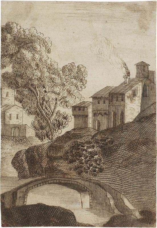 Anonimo del XX secolo - Paesaggio con case, albero e ponte