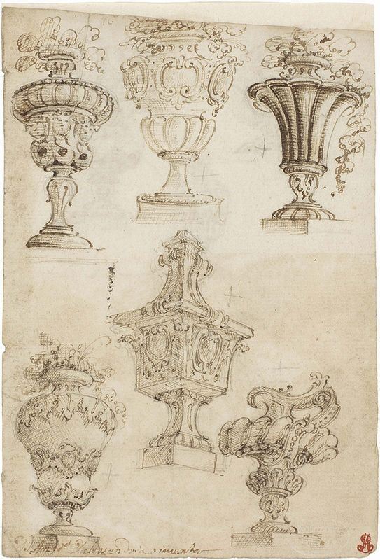 Ferdinando Galli Bibiena - «vasi Monumentali», Recto, «vasi Monumentali ed una Nave», Verso