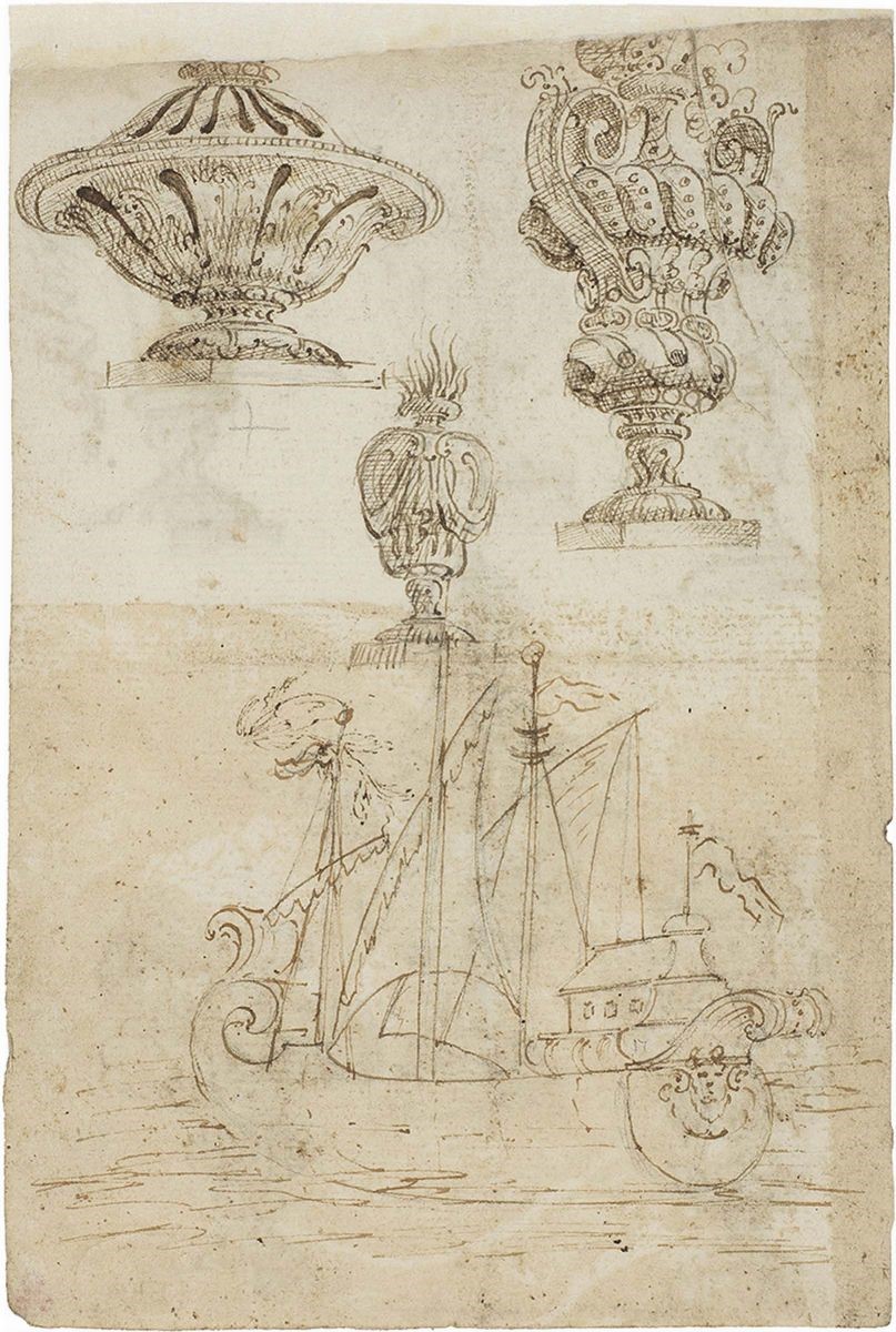Ferdinando Galli Bibiena - «vasi Monumentali», Recto, «vasi Monumentali ed una Nave», Verso