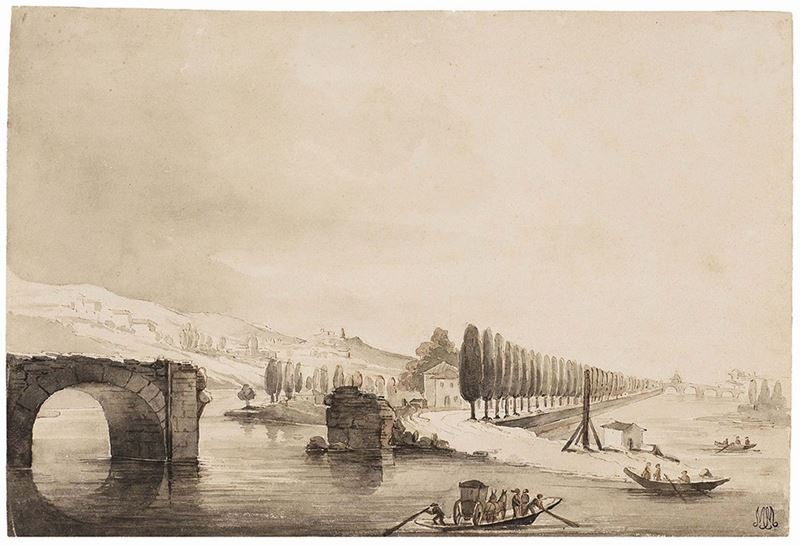 Anonimo del XIX Secolo - Paesaggio con Fiume, Rovine di un Ponte e Viale Alberato