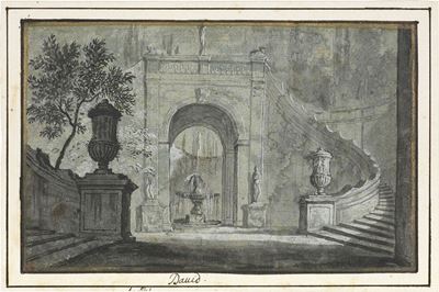Veduta di Architettura con Fontana nel Giardino, Interno di Villa