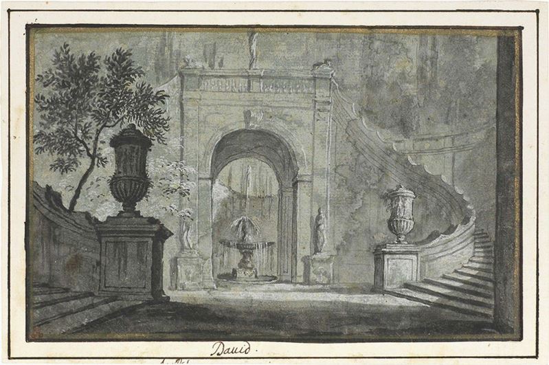 Jacques Louis David - Veduta di Architettura con Fontana nel Giardino, Interno di Villa