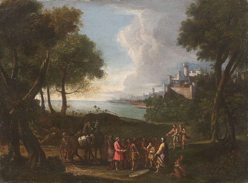 Ignoto del XVIII Secolo - Paesaggio con Città e Figure