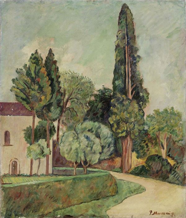 Piero Marussig - Paesaggio con casa e alberi
