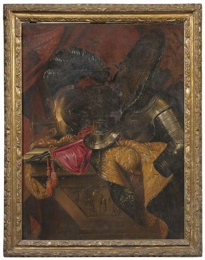 Natura Morta con Corazza, Elmo e Scudo su un Arazzo e Urna (vanitas - Trofeo Militare)