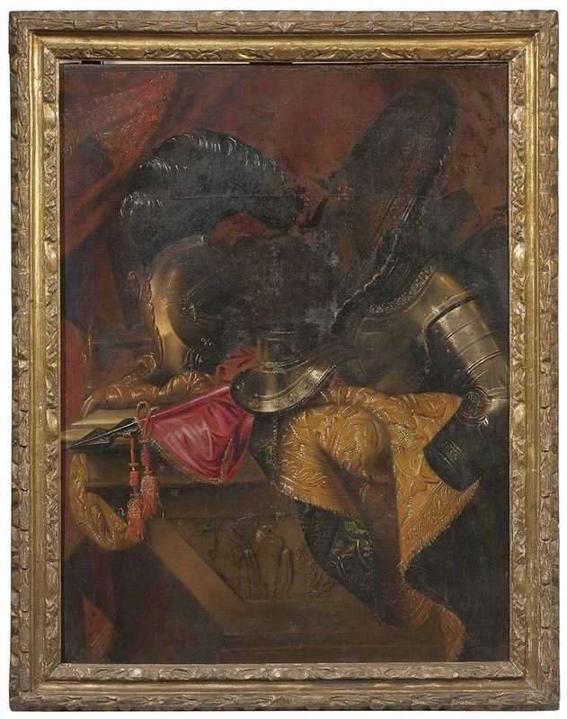 Scuola Romana del XVIII Secolo - Natura Morta con Corazza, Elmo e Scudo su un Arazzo e Urna (vani...