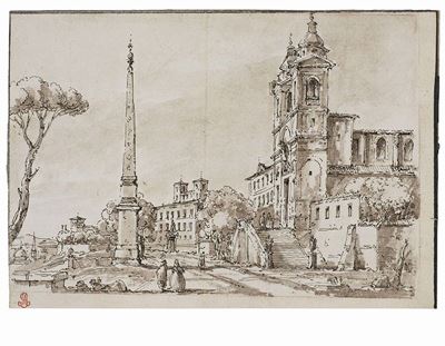 Veduta di Trinità dei Monti e Villa Medici da Via Sistina e Via Gregoriano