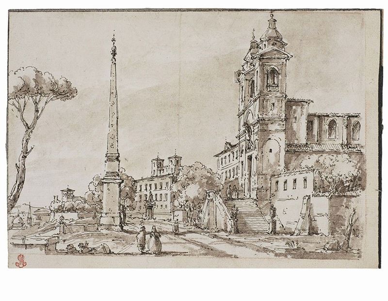 Anonimo Romano del XIX Secolo - Veduta di Trinità dei Monti e Villa Medici da Via Sistina e Via G...