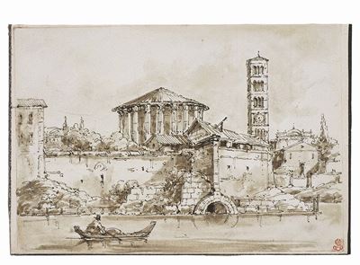 Tempio di Vesta Visto Dall'alto della Sponda del Tevere, con Barcaiolo