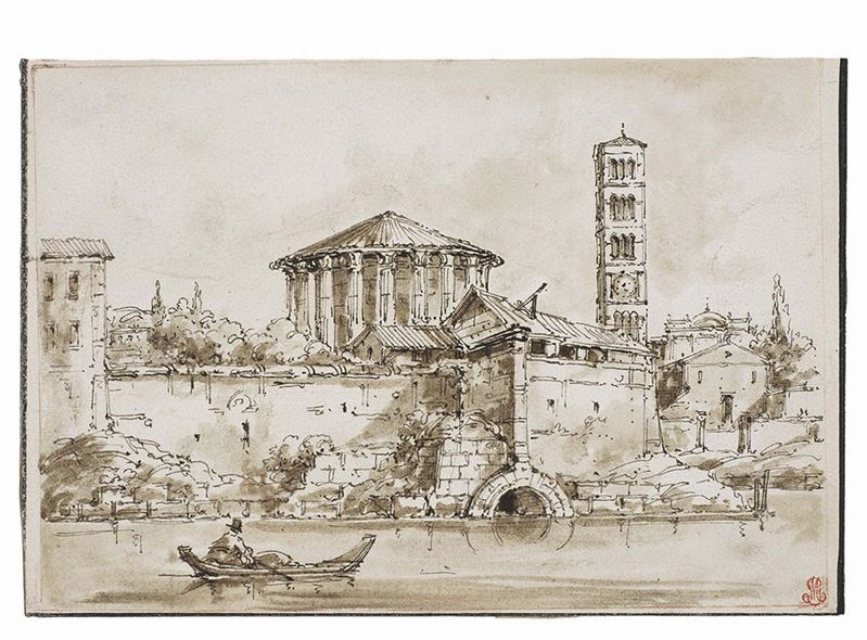 Anonimo Romano del XIX Secolo - Tempio di Vesta Visto Dall'alto della Sponda del Tevere, con Barc...