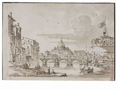 Veduta di Castel S. Angelo e di S. Pietro dal Tevere