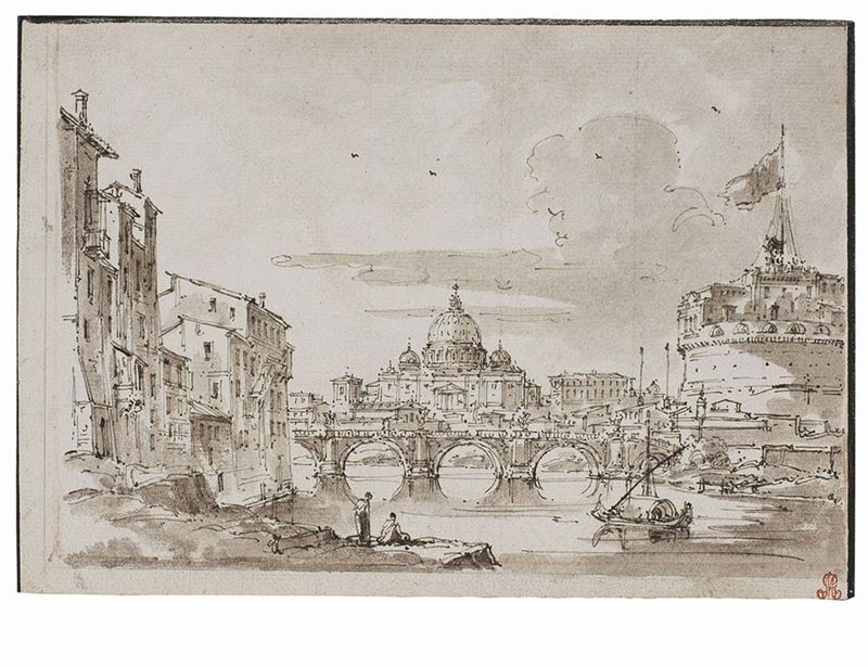 Anonimo Romano del XIX Secolo - Veduta di Castel S. Angelo e di S. Pietro dal Tevere
