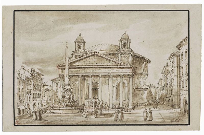 Anonimo Romano del XIX Secolo - Veduta del Pantheon dalla Piazza