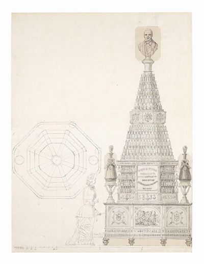 Due Disegni Raffiguranti «progetto per Piramide di Bottiglie»