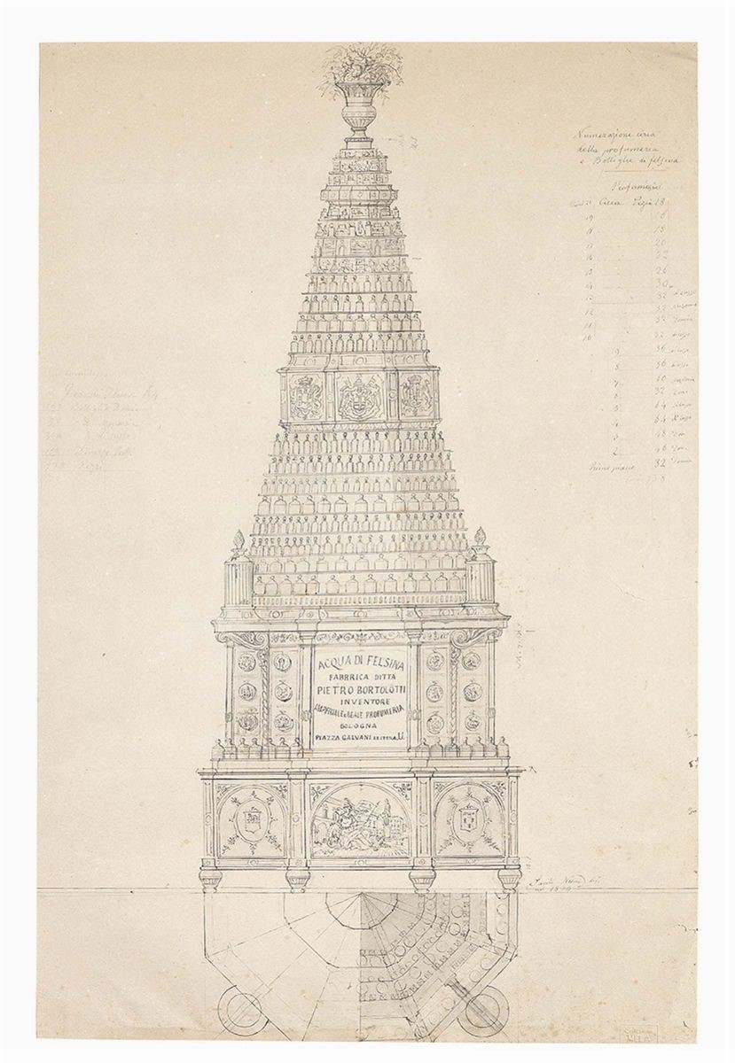 Sante Nucci - Due Disegni Raffiguranti «progetto per Piramide di Bottiglie»