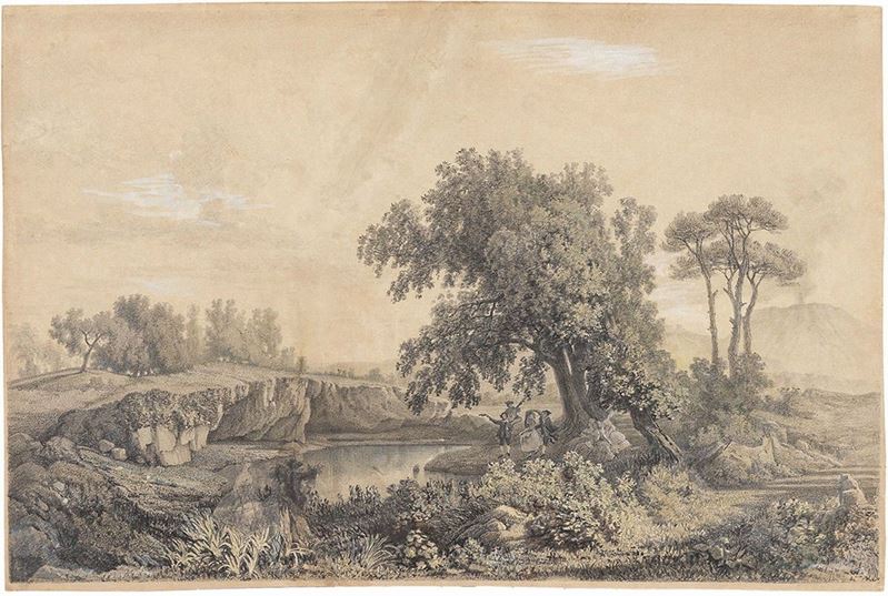 Johan Christian C. Dahl - Festa Campestre in Riva Ad un Laghetto con il Vesuvio sullo Sfondo