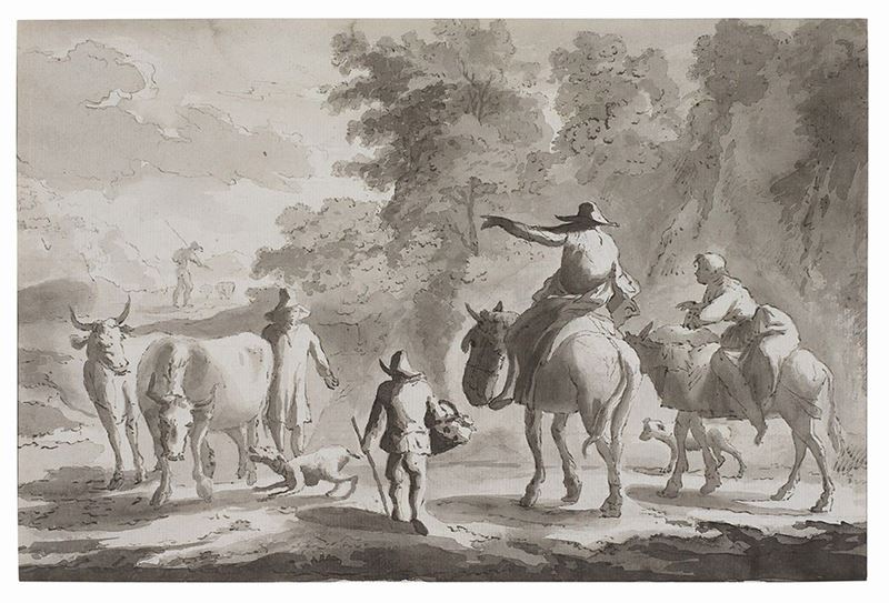 Louis Paret - Paesaggio con Viaggiatore a Cavallo e Contadini
