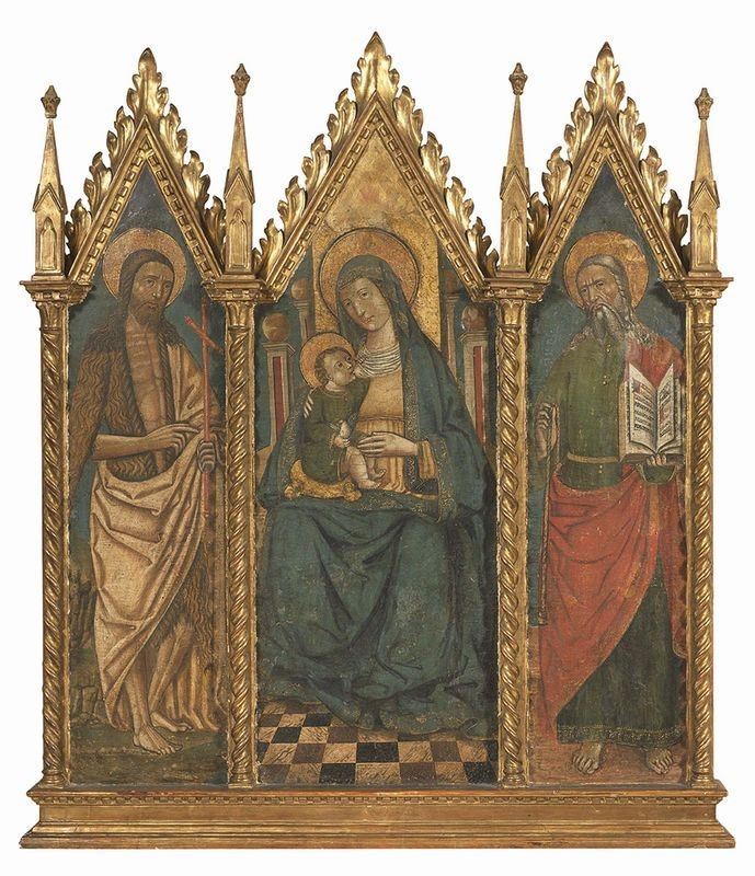 Scuola Italia Settentrionale del XV Secolo - Trittico con San Giovanni Battista, Masonna Col Bamb...