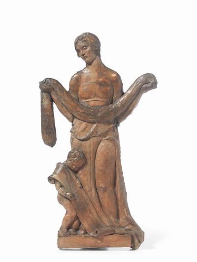 Figura Femminile con Ghirlanda e Puttino con Cartiglio