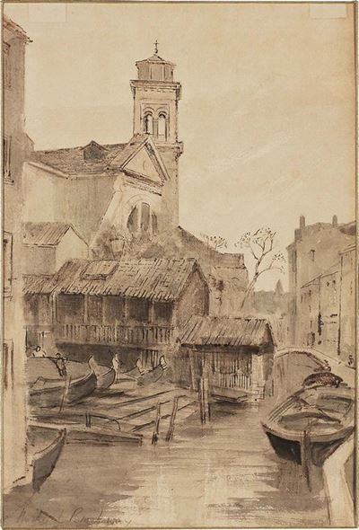 Veduta dello Squero di S. Trovaso e Chiesa di San Trovaso a Venezia