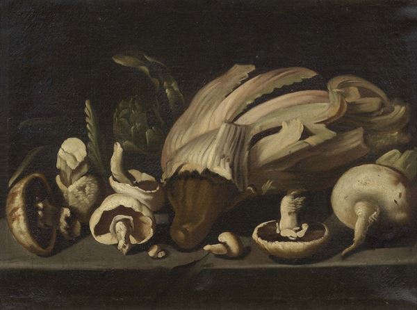 Scuola spagnola fine XVII secolo - Natura morta con funghi e cardi