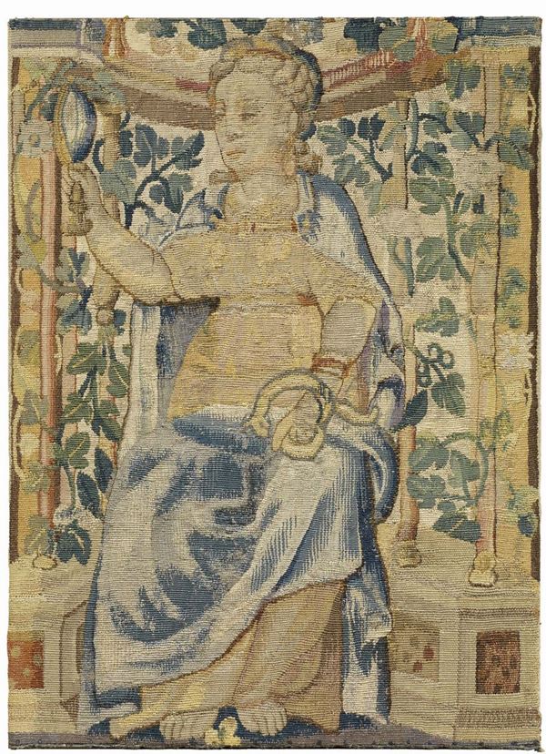 Frammento di arazzo raffigurante «Allegoria della Vanità»  (XVI secolo.)  - Auction Arredi e Dipinti Antichi - I - Casa d'aste Farsettiarte