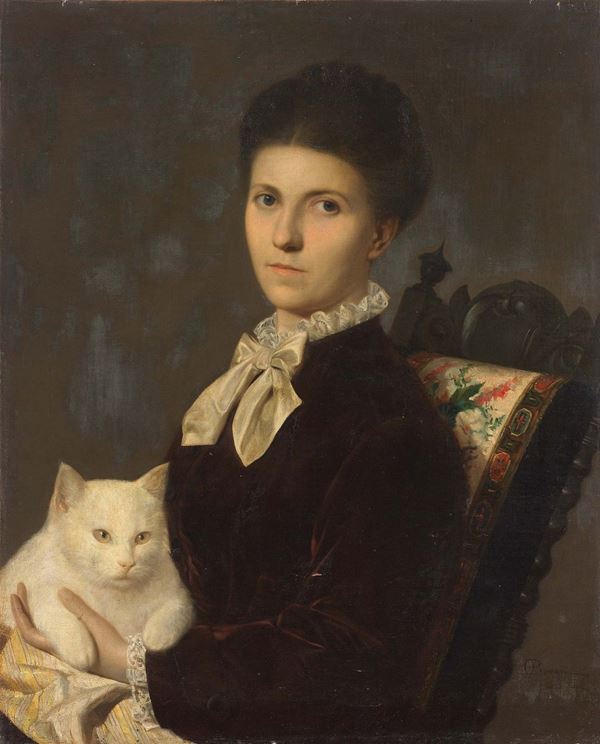 Ignoto del XIX secolo - Ritratto di signora con gatto bianco