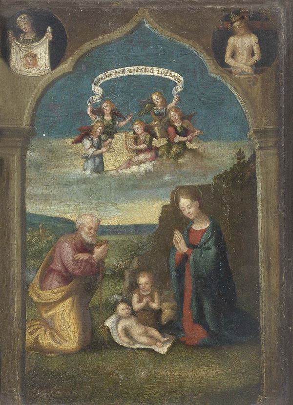 Scuola Italia centrale del XVI-XVII secolo - Natività con San Giovannino, Cristo e la Veronica