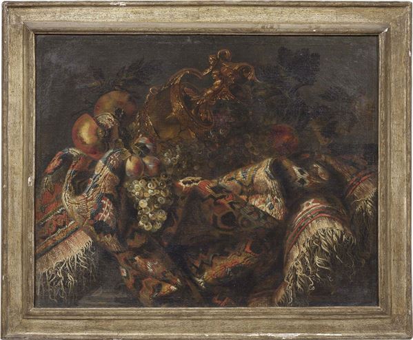 Francesco Fieravino, detto il Cavalier Maltese (attr. a) - Natura morta con tappeto, anfora e frutta