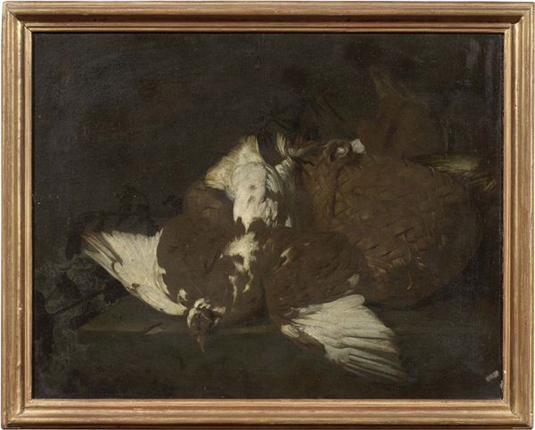 Scuola Italia settentrionale del XVIII secolo - «Natura morta con colombo e cesto» e «Natura morta con pollo, gobbi e cesto»