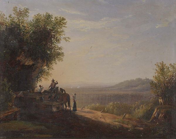 Ignoto del XVIII secolo - Paesaggio laziale con fontana e viandanti