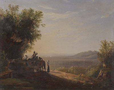 Paesaggio Laziale con Fontana e Viandanti