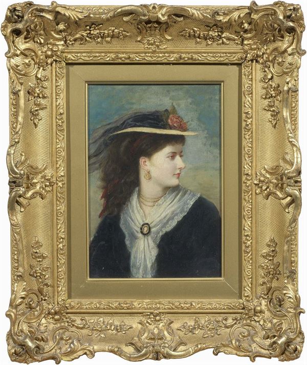 Ignoto del XIX secolo - Ritratto di signora con cappello e cammeo