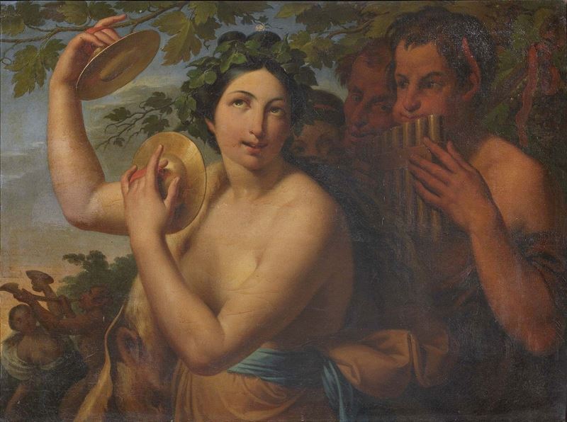 Scuola Neoclassica del XVIII Secolo - Ninfa con Fauno e Cembali (corteo Bacchico)