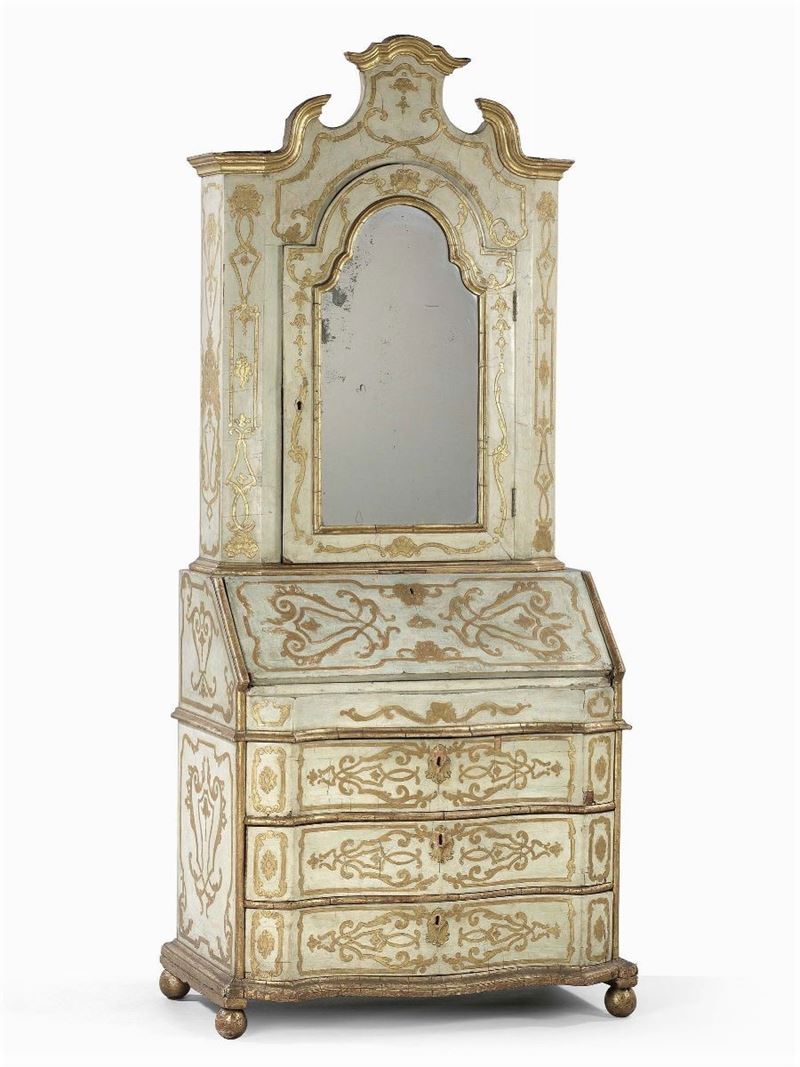 Trumeau a Doppio Corpo in Legno Laccato Azzurro con Filettature a Ornati e Volute in Oro