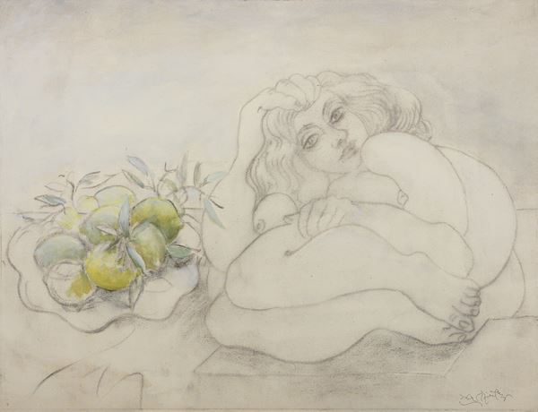 Ercole Pignatelli : Nudo con limoni  (1987)  - Carboncino e acrilico su tela - Auction PARADE V - Contemporary Art - Casa d'aste Farsettiarte