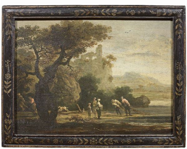 Gaspar de Mompere : Pescatori del lago di Bracciano  - Olio su tela - Auction Importanti Arredi e Dipinti Antichi - I - Casa d'aste Farsettiarte