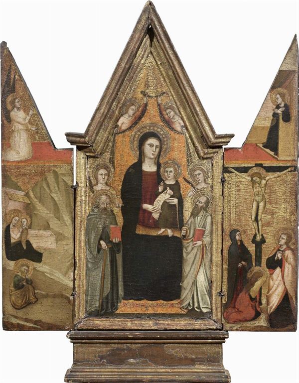 Maestro della Madonna Lazzaroni - Trittico composto da Madonna col Bambino, Angeli e Santi, Angelo annunciante, Natività, Vergine Annunciata e Crocifissione