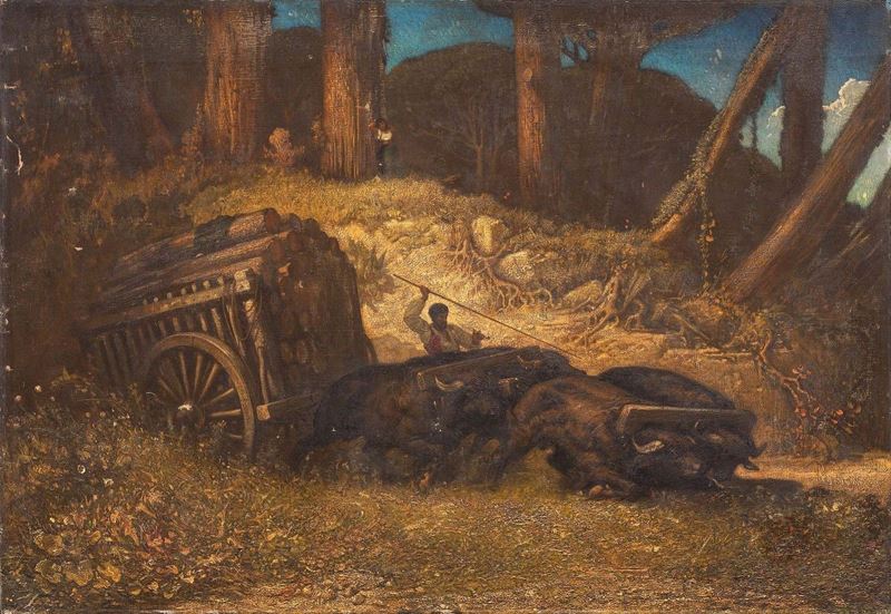 Anonimo del XIX Secolo - Carro Trainato da Bufali nella Campagna Romana