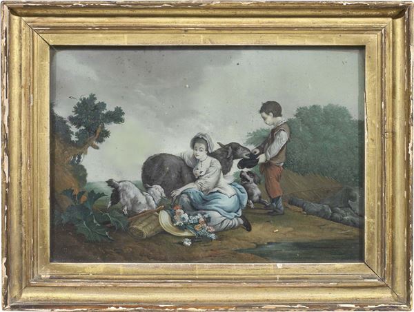 Ignoto francese del XVIII secolo - Scena agreste con dama, un ragazzo e una pecora