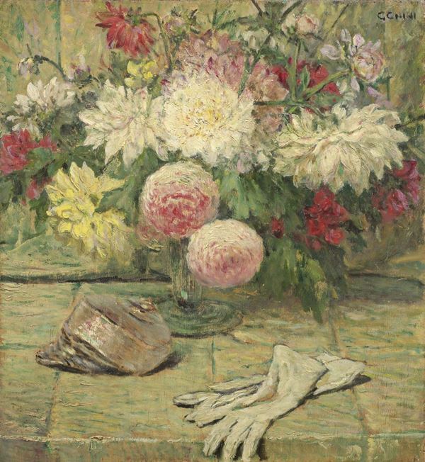 Galileo Chini - Vaso di fiori con guanti e cappello