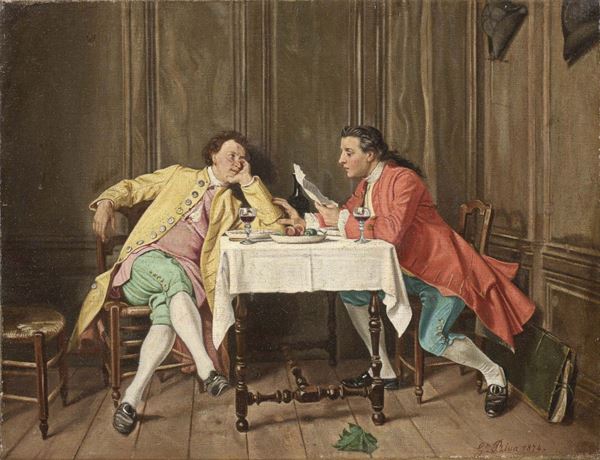 Giuseppe Riva : Conversazione  (1874)  - Olio su tela - Asta Dipinti e Sculture del XIX e XX secolo - II - Casa d'aste Farsettiarte