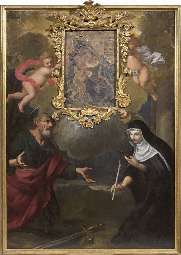 Scuola toscana fine XVII secolo - Sacra Famiglia, San Paolo e Santa Caterina